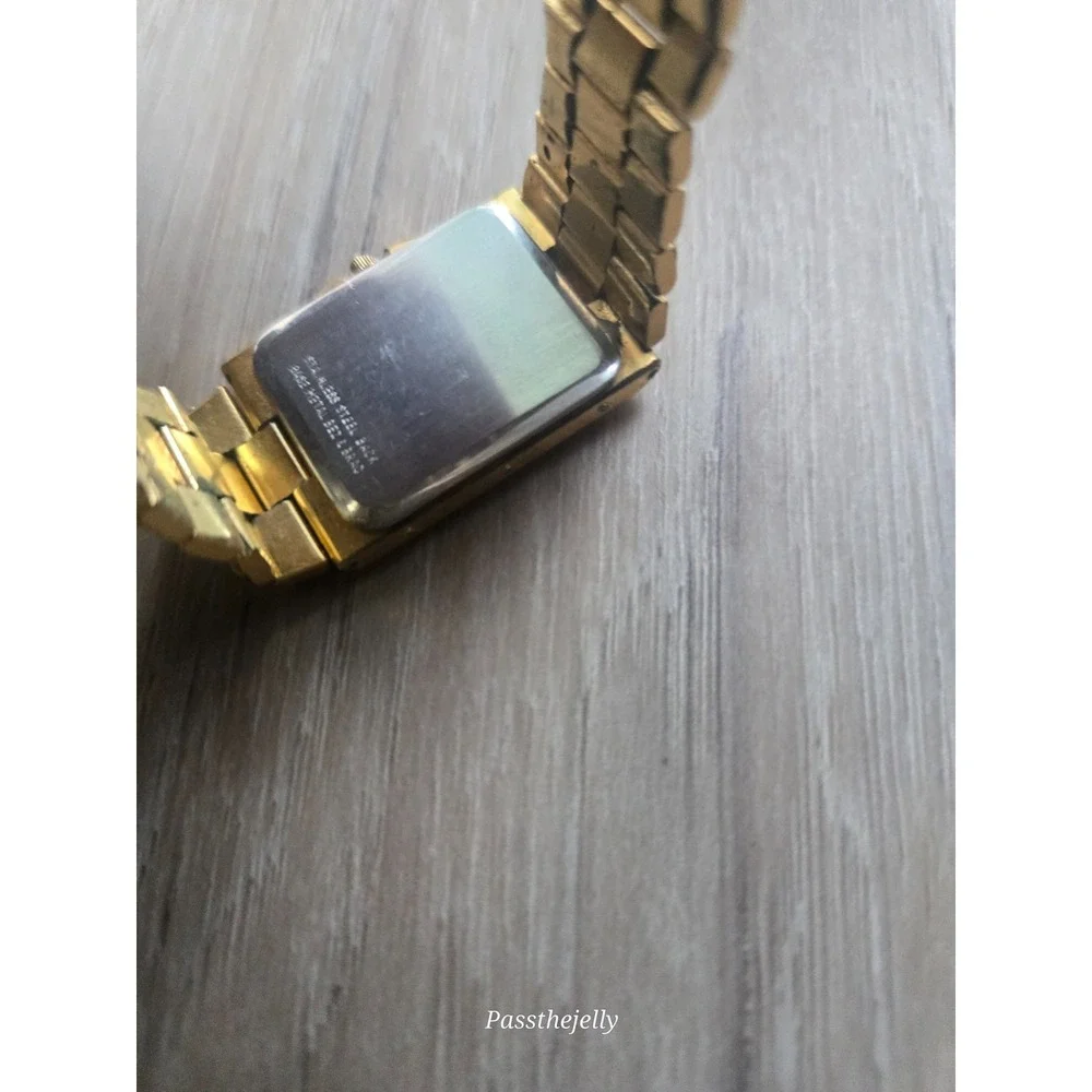 Longines Watch Mens Gold Tone Rectangular Black Dial Quartz Dress Bracelet Vtg